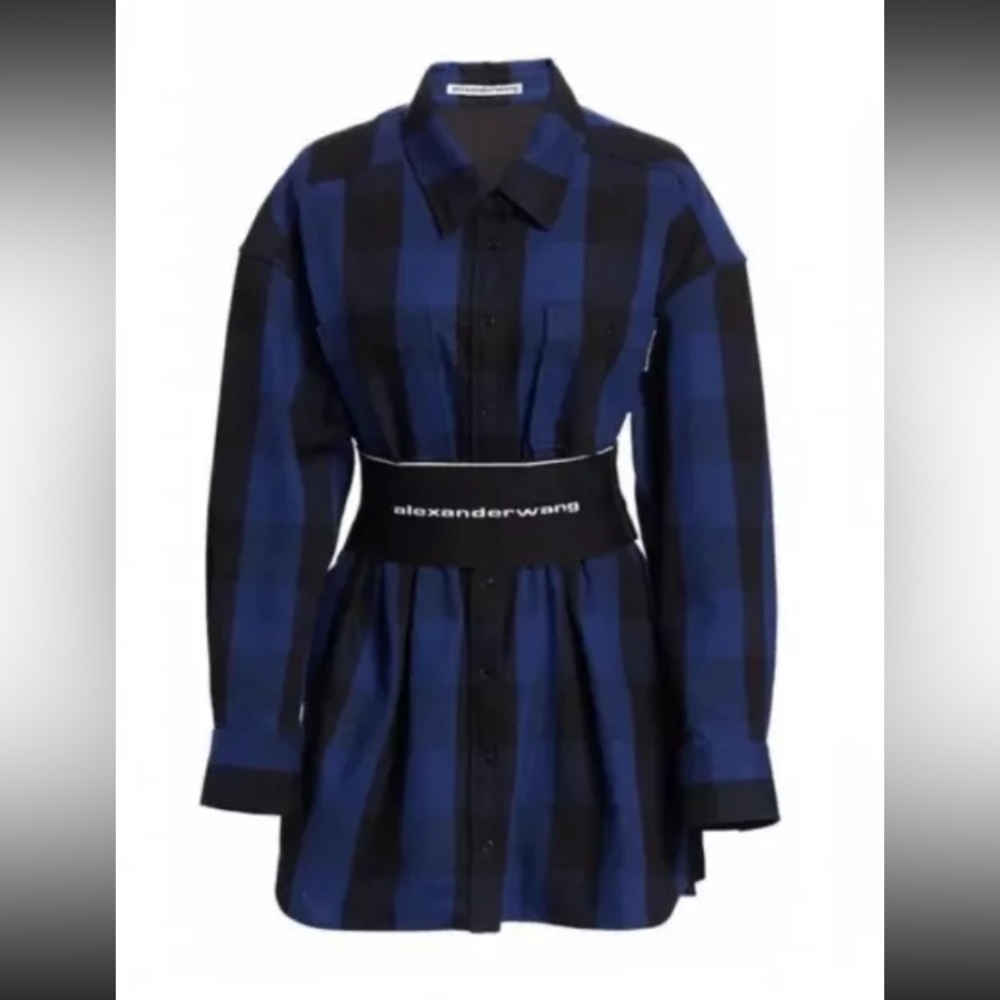 Alexander Wang Logo Elastic Shirt Dress Plaid Blue Black Small EUC Buffalo Check